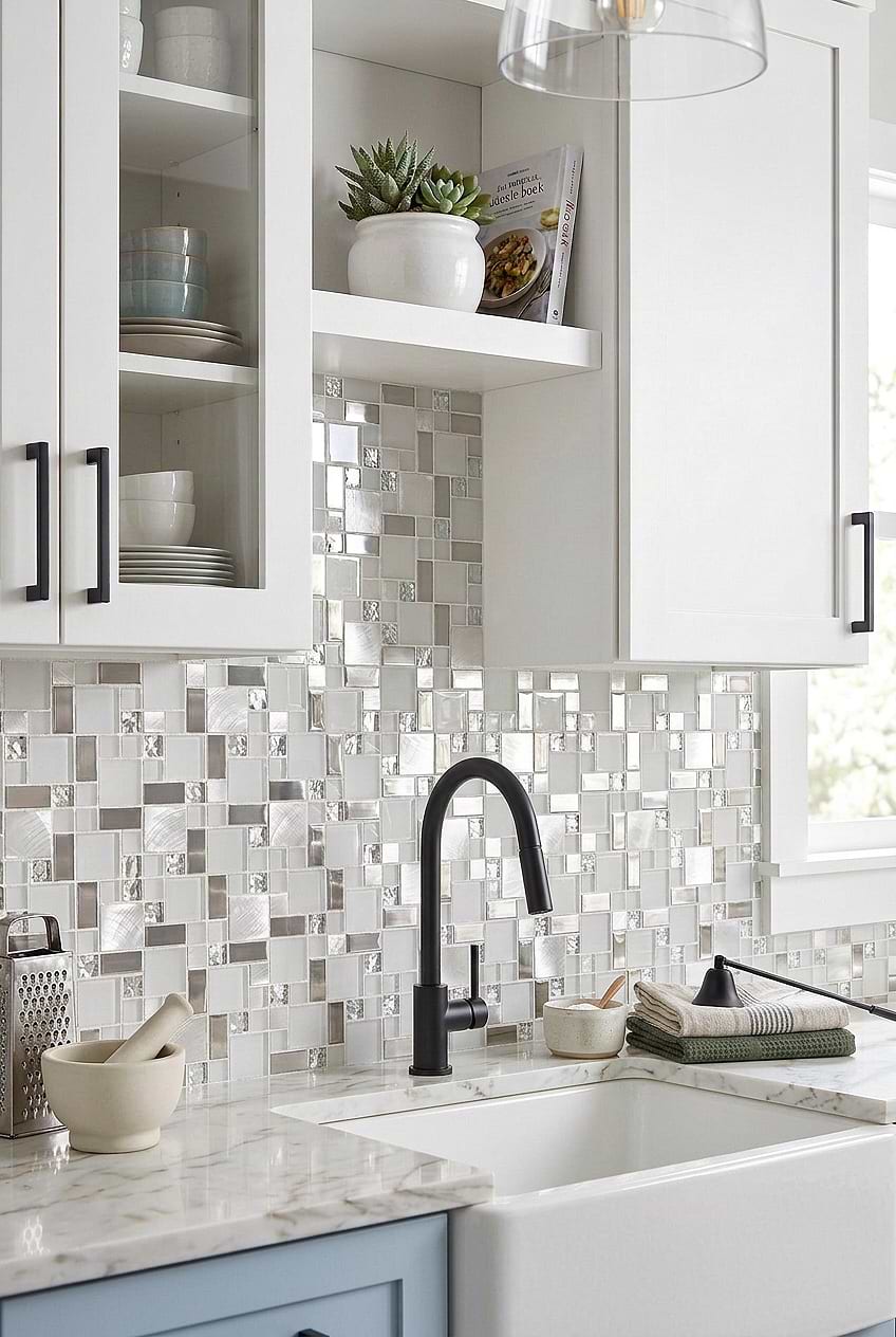 White Glass Metal Mosaic Farmhouse Backsplash BA1138