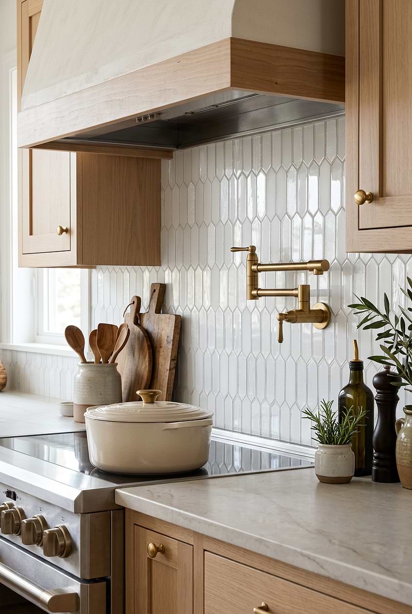 White Glass Picket Kitchen Backsplash BA6701