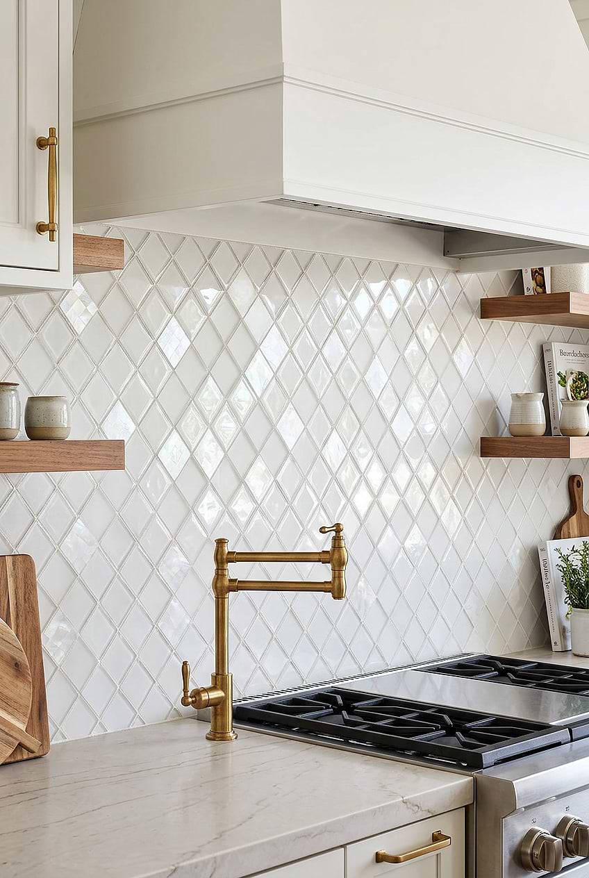 White Glass Shell Diamond Farmhouse Backsplash BA6706