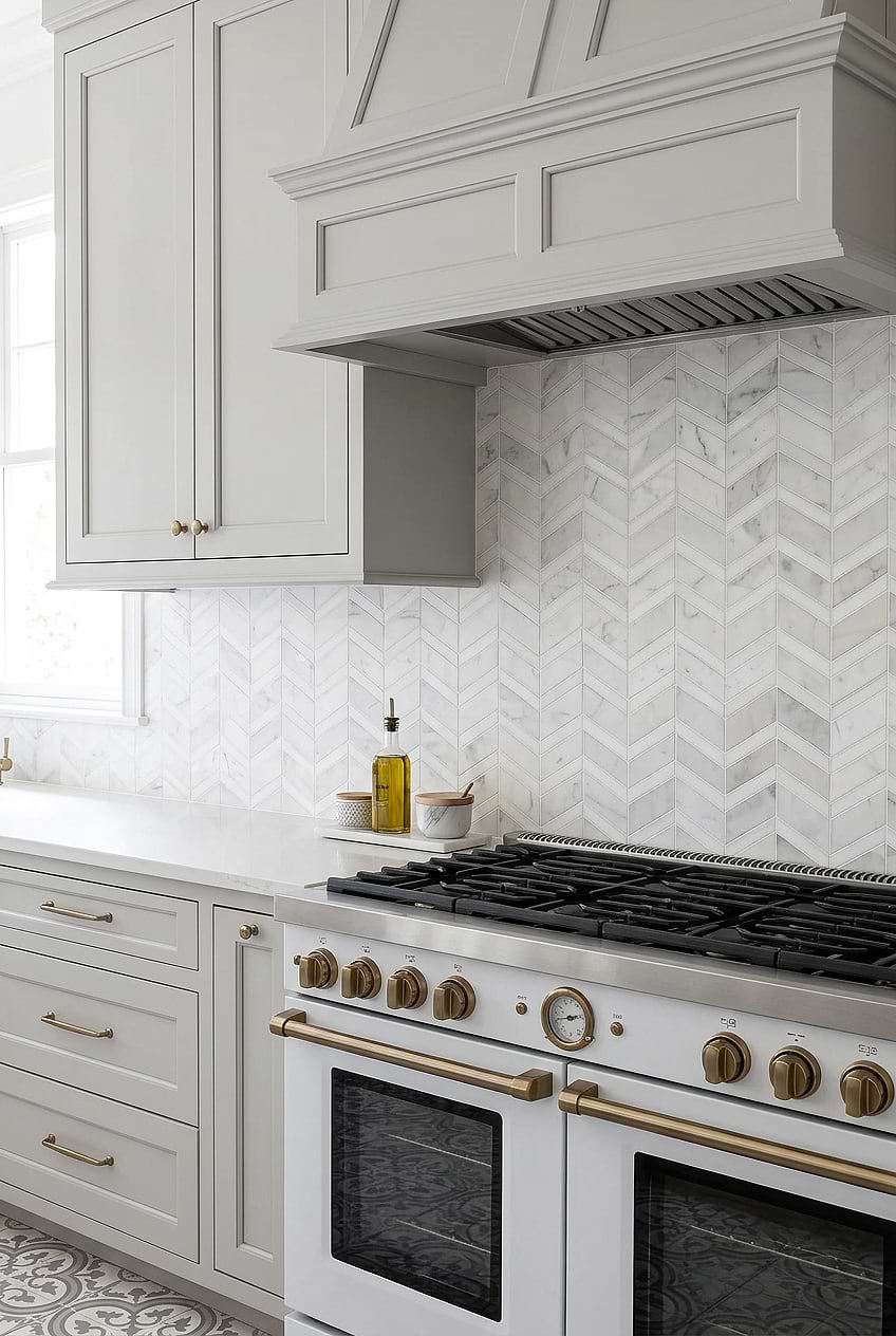 White Gray Chevron Marble Backsplash Kitchen BA6311