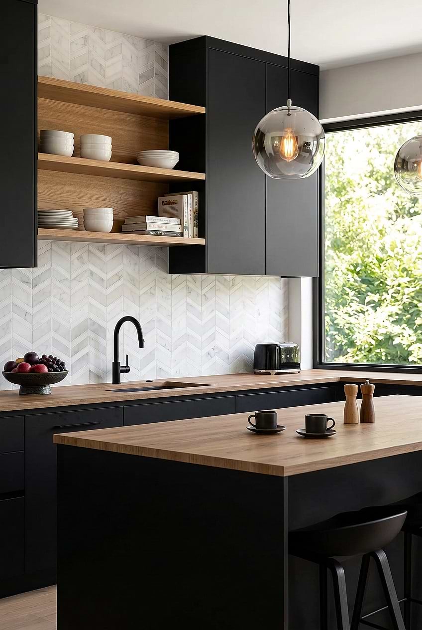 White Gray Chevron Marble Black Kitchen Tile BA6311