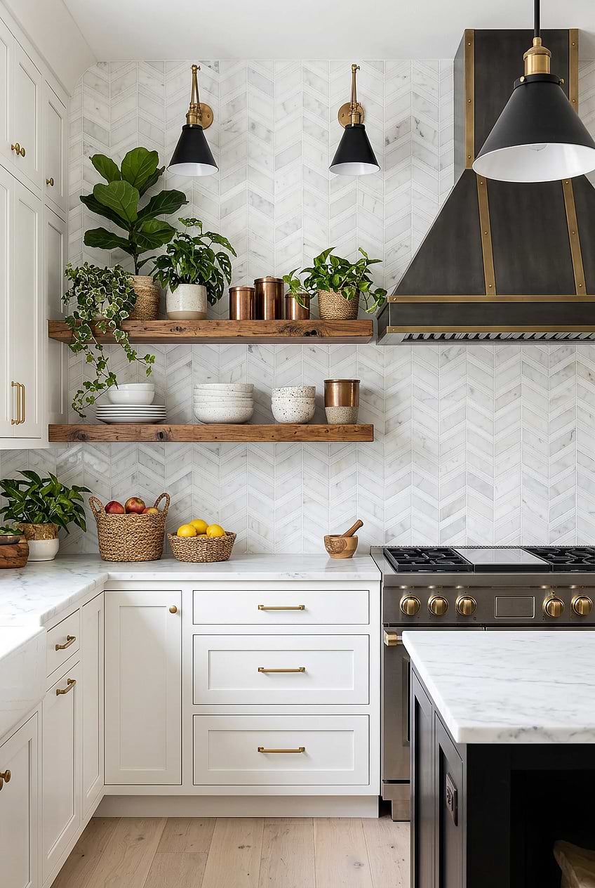 White Gray Chevron Marble Farmhouse Backsplash BA6311