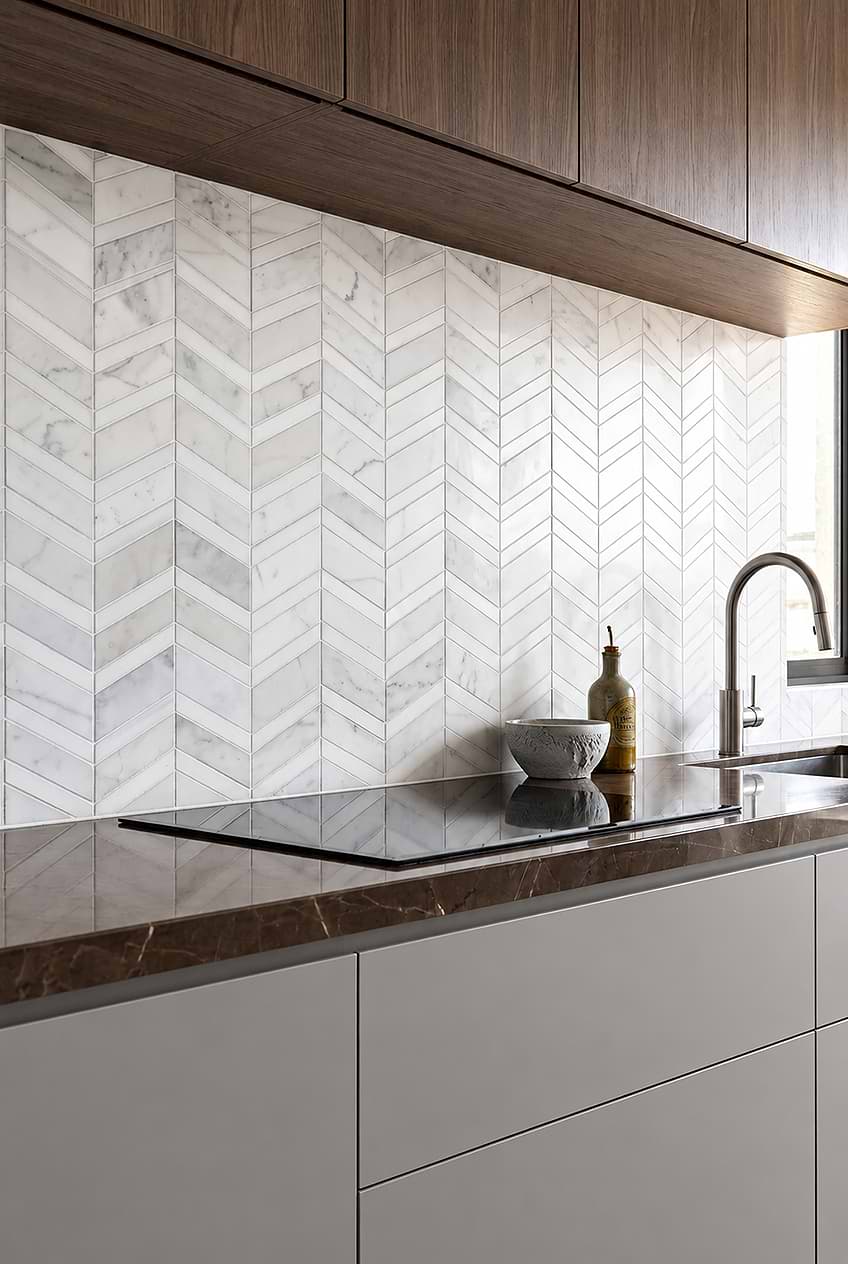White Gray Chevron Marble Kitchen Backsplash BA6311