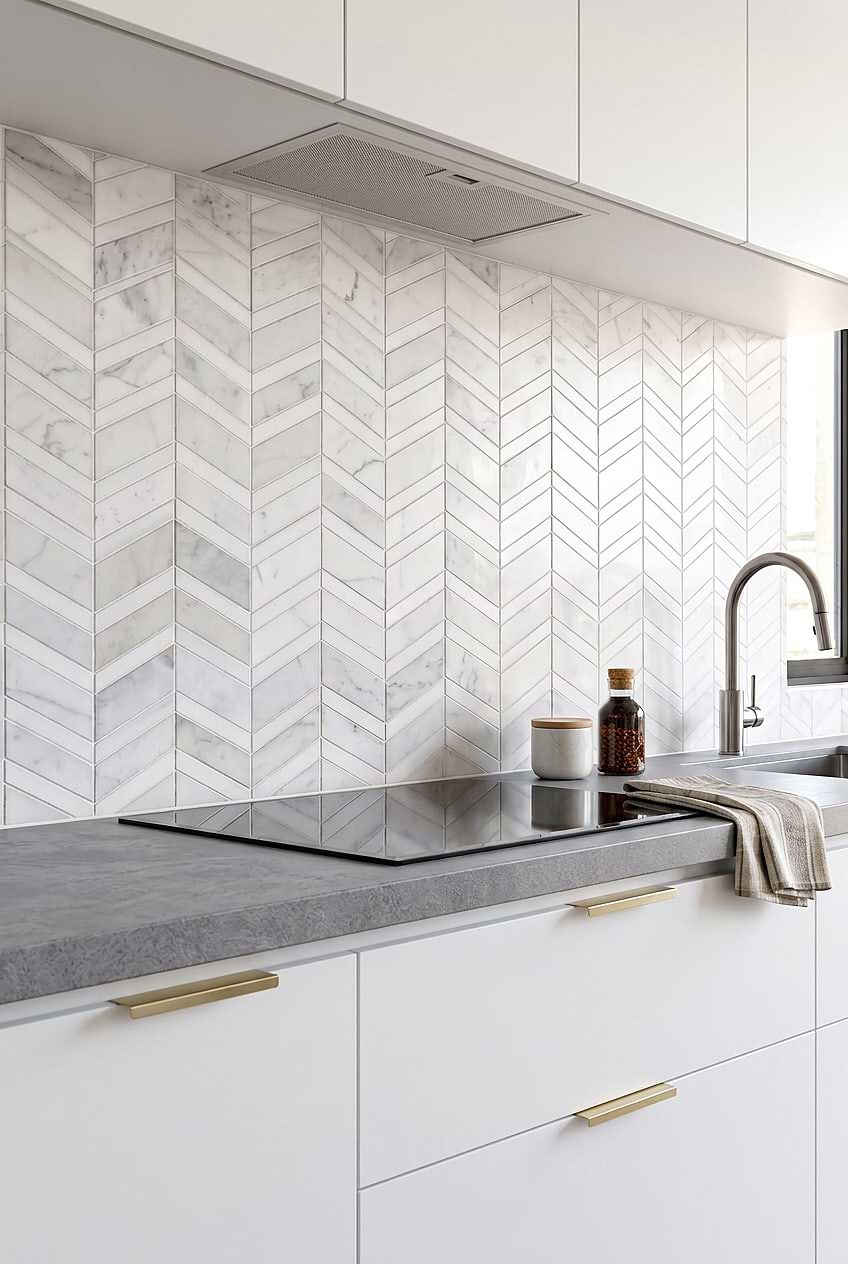 White Gray Chevron Marble Kitchen Backsplash Tile BA6311