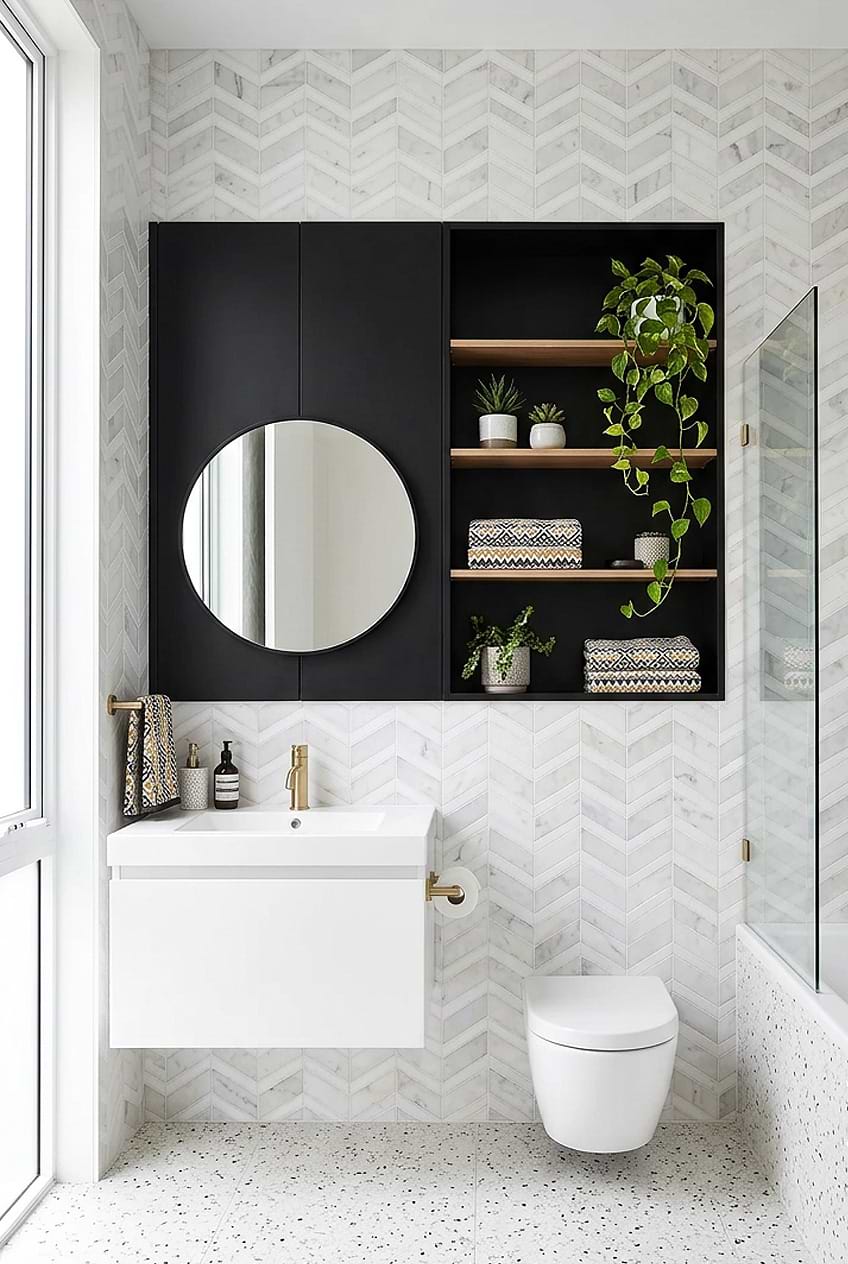 White Gray Chevron Marble Tile Bathroom BA6311