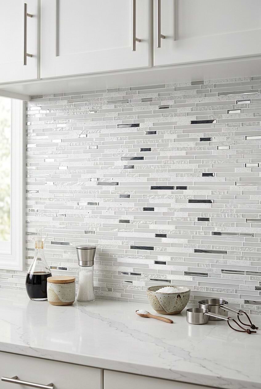 White Gray Glass Quartz Linear Mosaic Tile BA62038