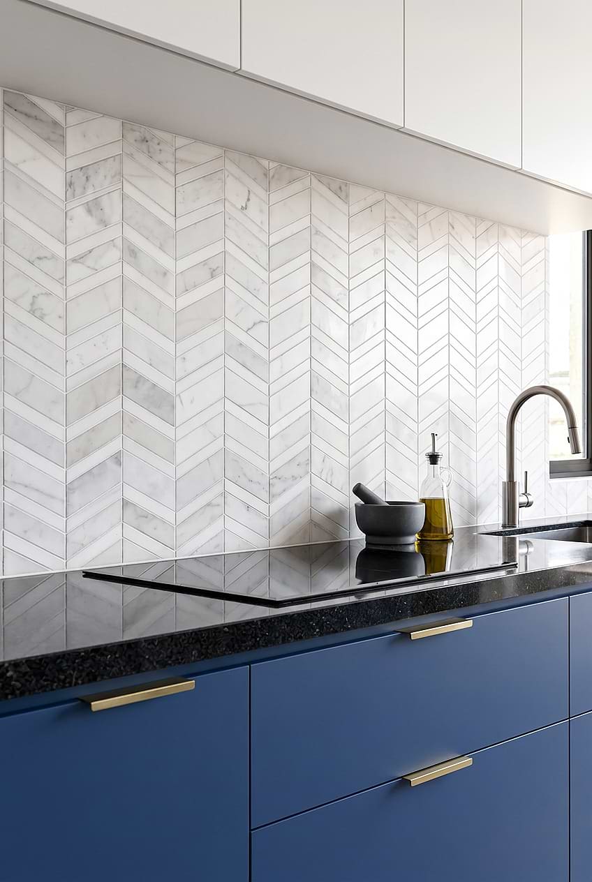 White Gray Gold Chevron Marble Kitchen Backsplash BA6311