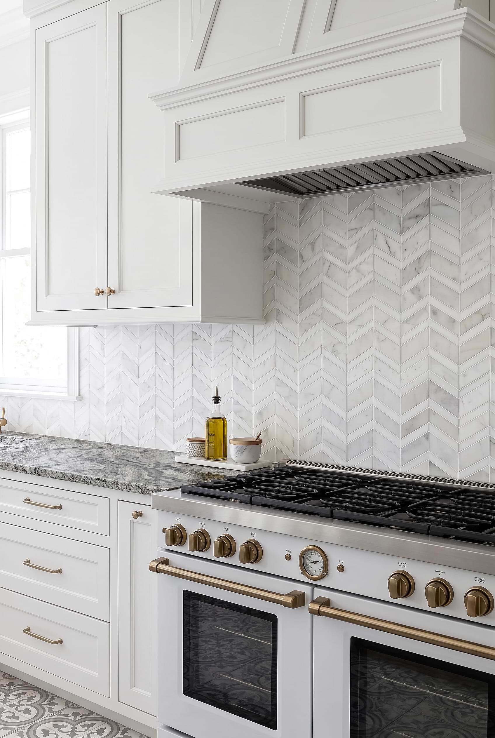 White Gray Gold Chevron Marble Kitchen Backsplash BA6311