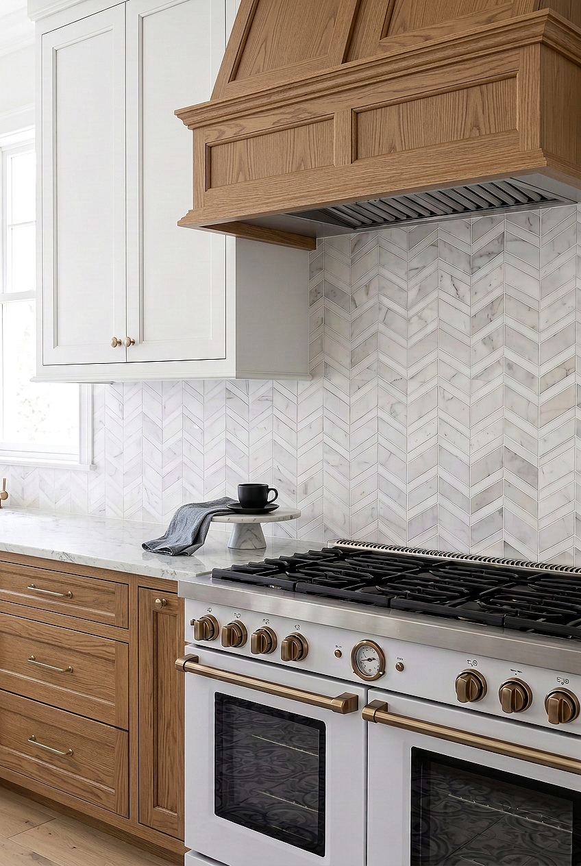 White Gray Gold Chevron Marble Tile BA6311