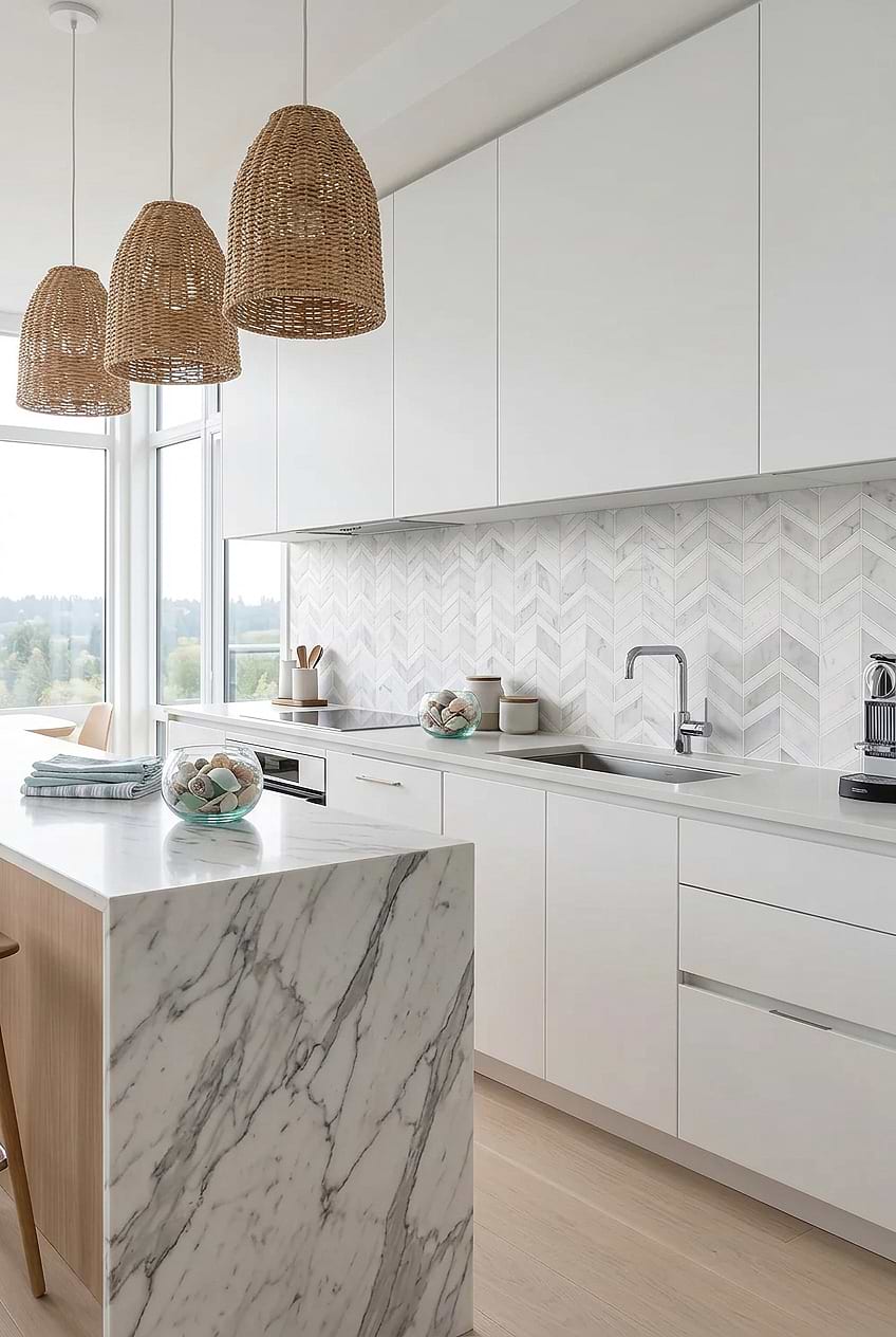 White Gray Gold Marble Chevron Kitchen Backsplash BA6311