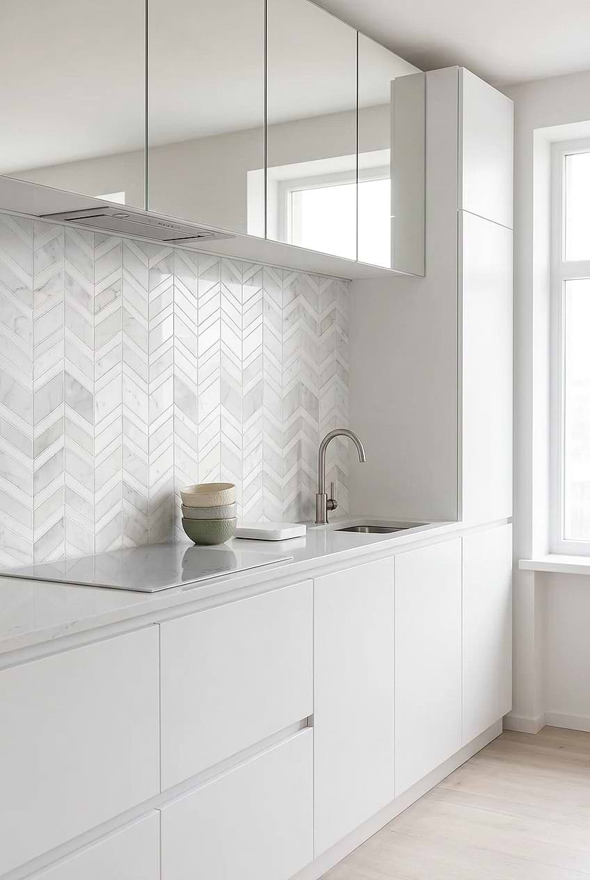 White Gray Marble Chevron Mosaic Kitchen Backsplash Tile BA6311