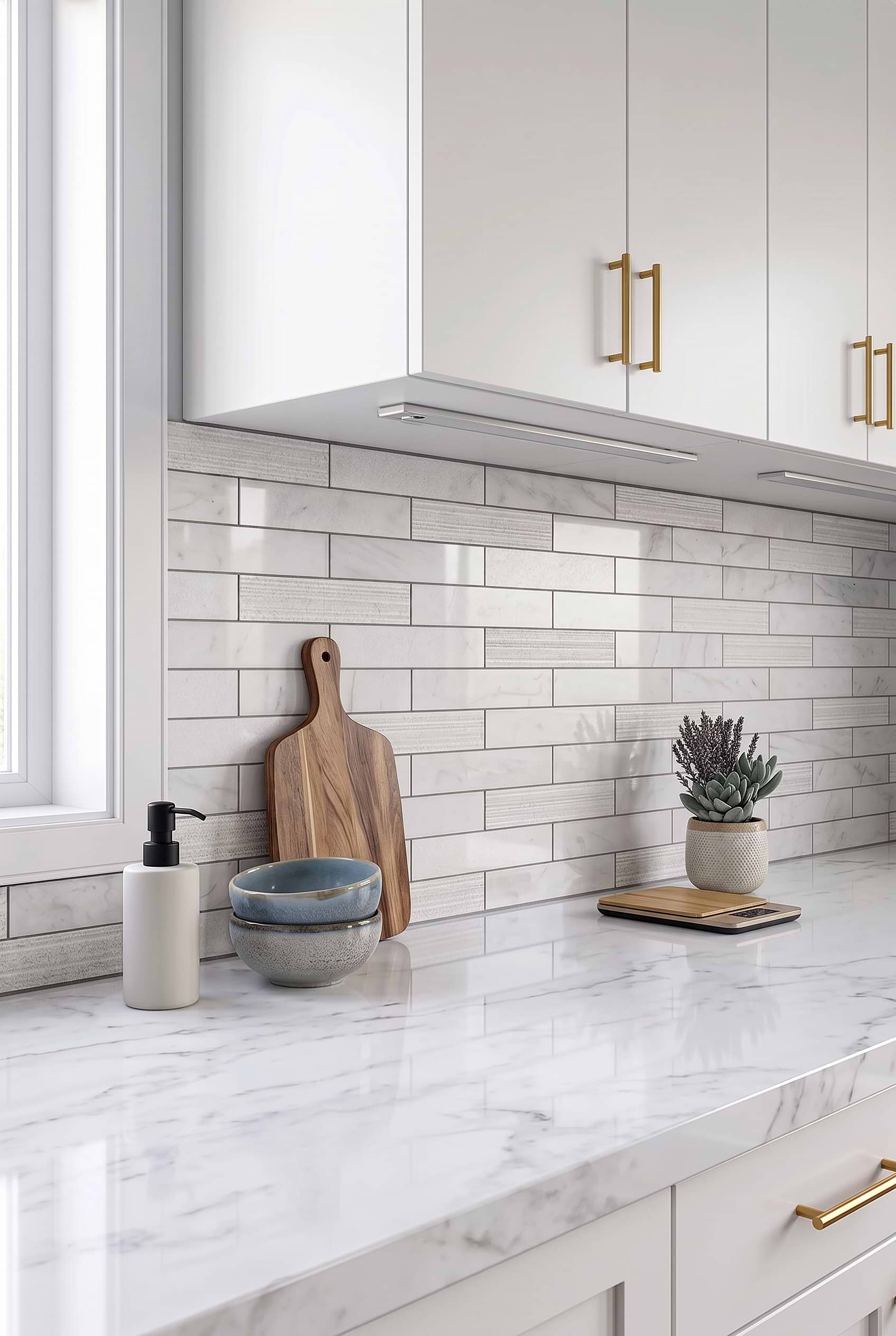 White Gray Textured Marble Subway Backsplash Tile BA8035
