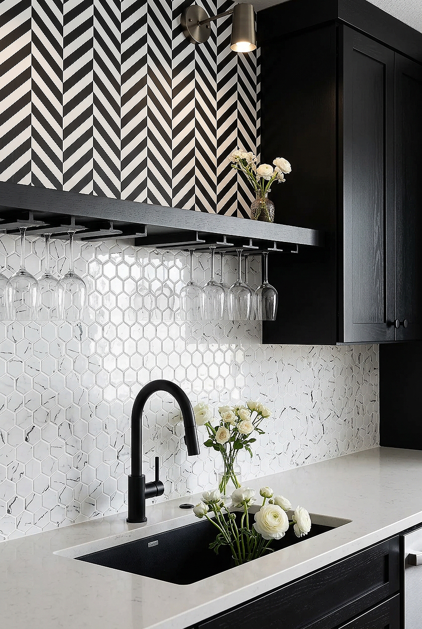 White Hexagon Marble Look Glass Backsplash BA5509