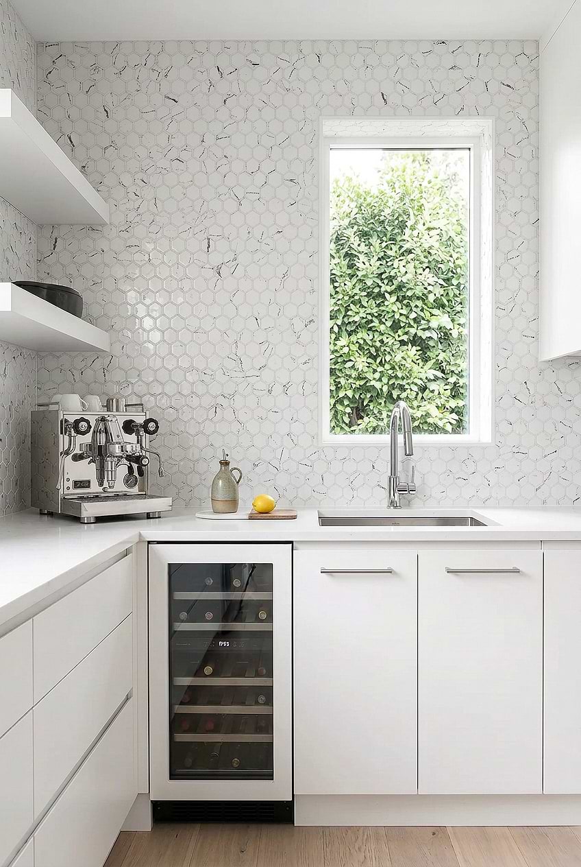 White Hexagon Marble Look Glass Backsplash Tile BA5509