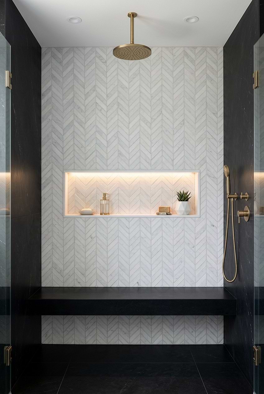 White Marble Chevron Modern Shower Wall Tile BA631613