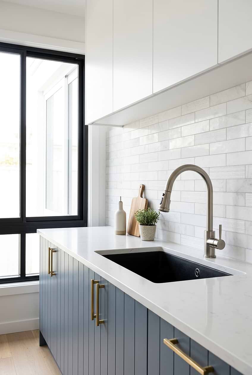 White Marble Subway Backsplash Blue Gray Cabinets BA8035