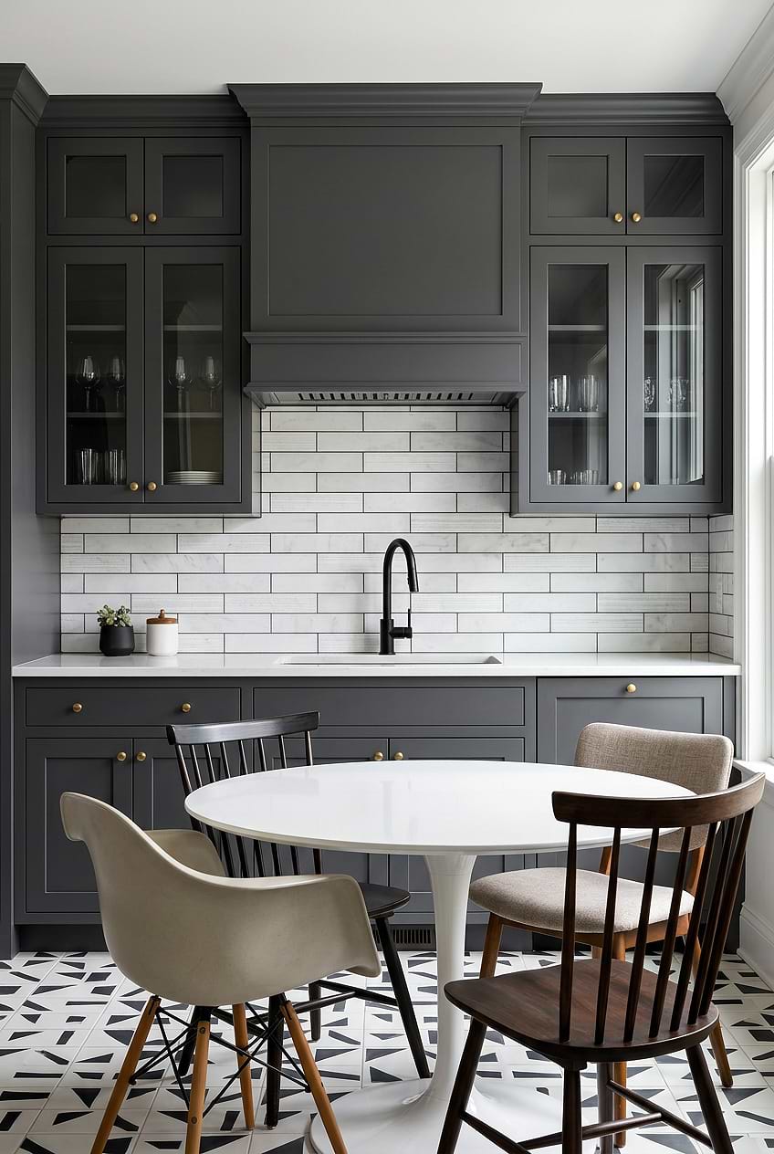 White Marble Subway Backsplash Gray Cabinets BA8035