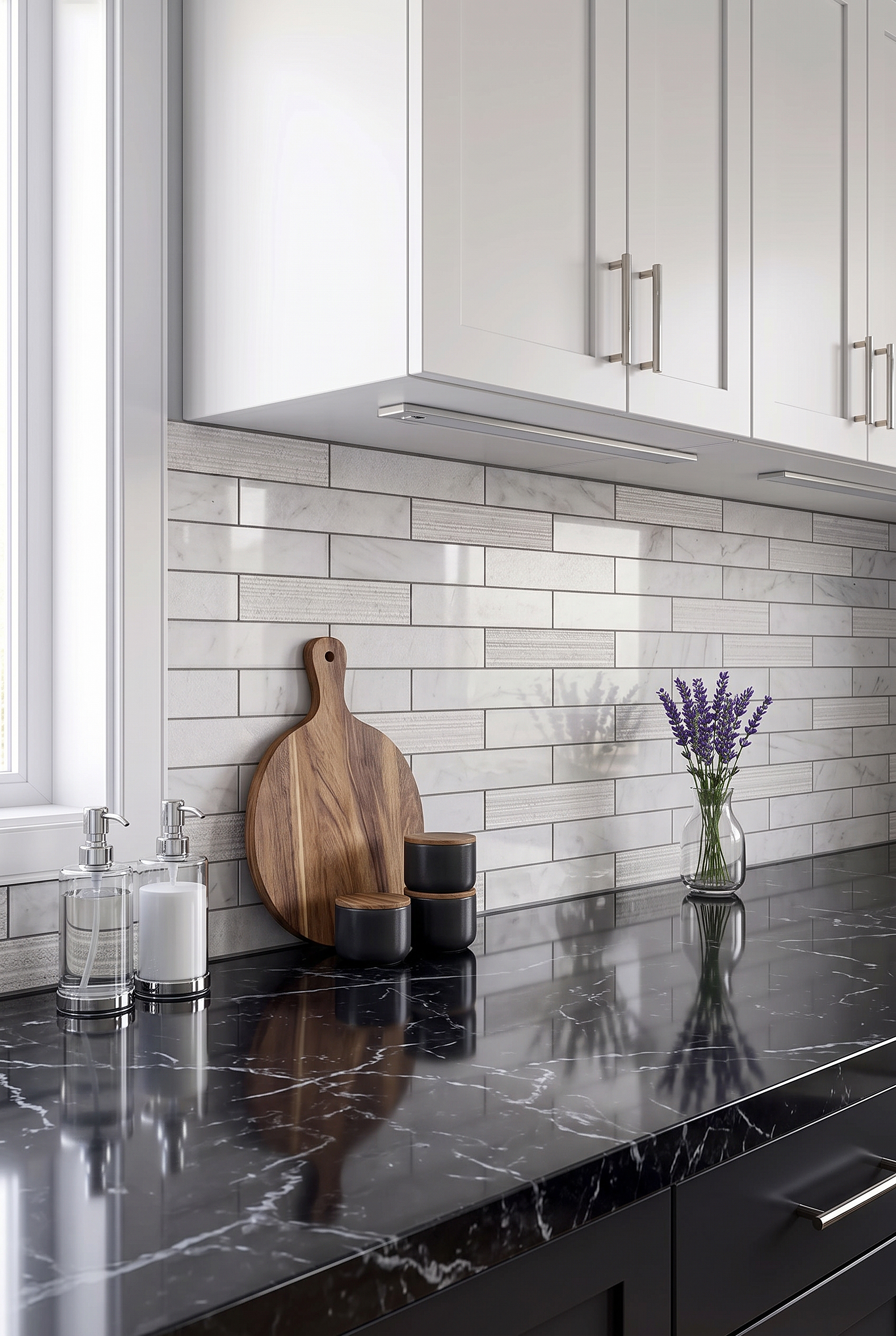 White Marble Subway Tile Black Countertop BA8035