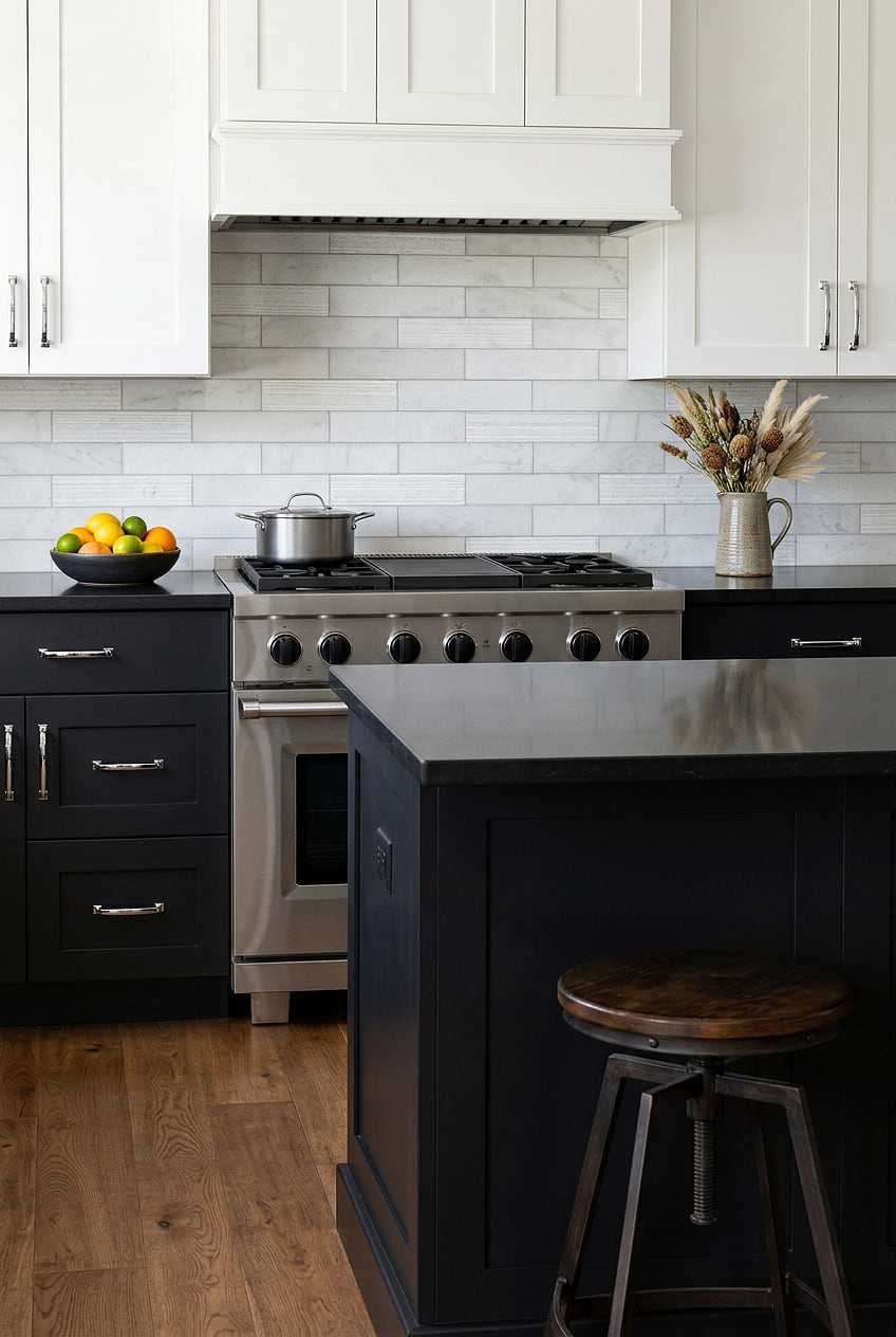 White Marble Subway Tile Dark Cabinet Kitchen BA8035