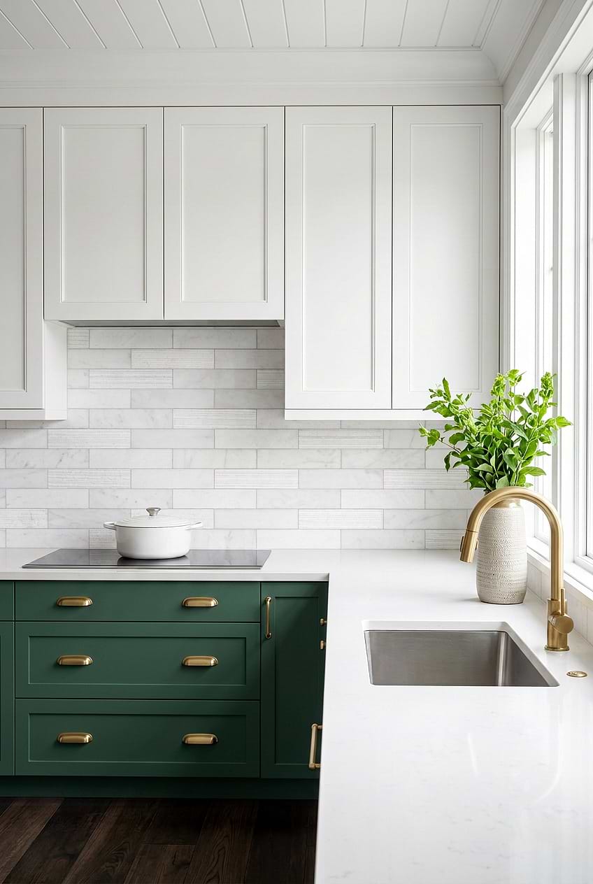 White Marble Subway Tile Green Cabinets BA8035