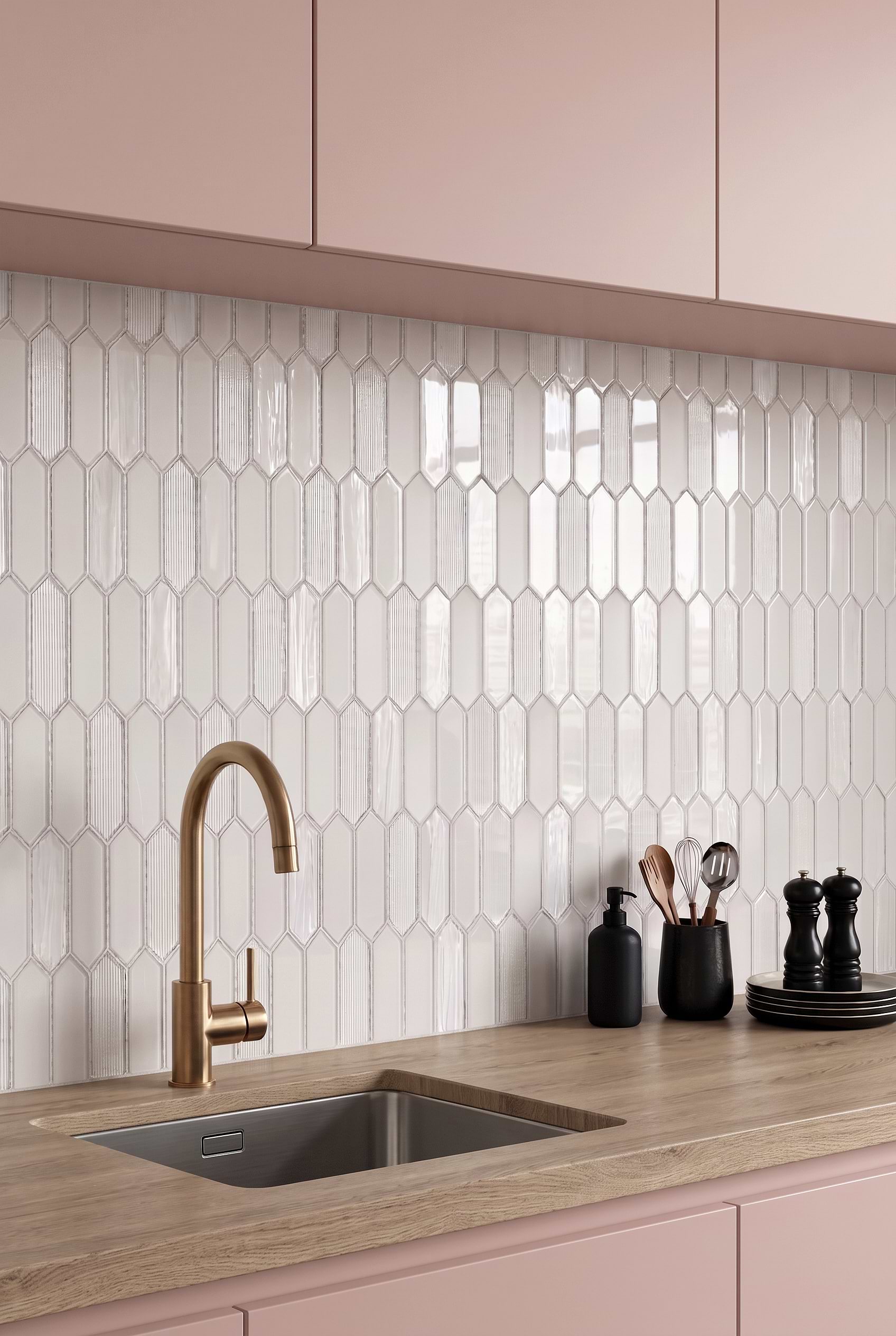 White Pearl Glass Picket Kitchen Backsplash Tile BA6701
