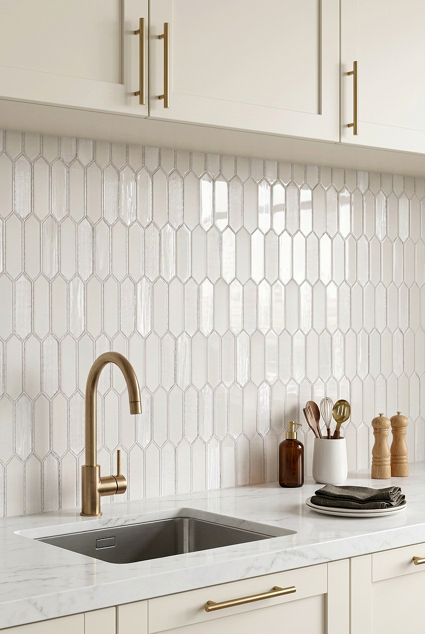 White Pearl Glass Picket Mosaic Backsplash Tile BA6701