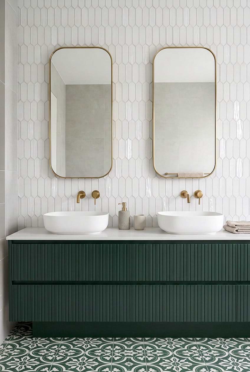 White Pearl Glass Picket Tile Green Bathroom Vanity BA6701