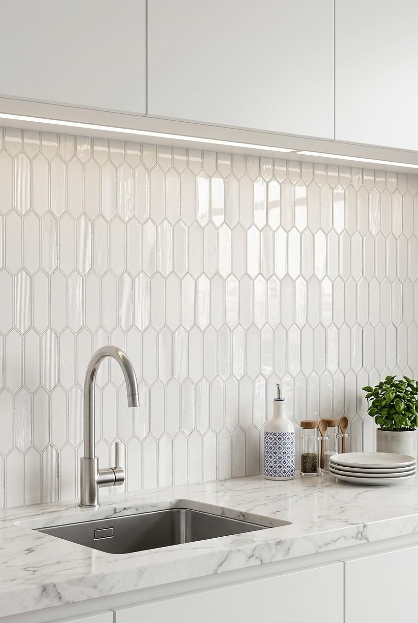 White Pearl Glass Vertical Picket Backsplash Tile BA6701