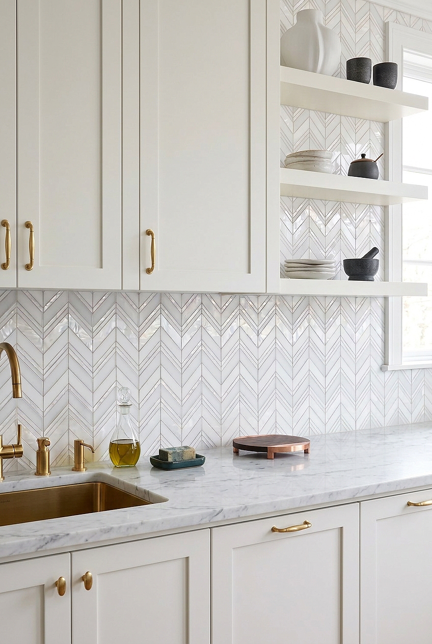 White Pearl Marble Chevron Backsplash Tile BA8030