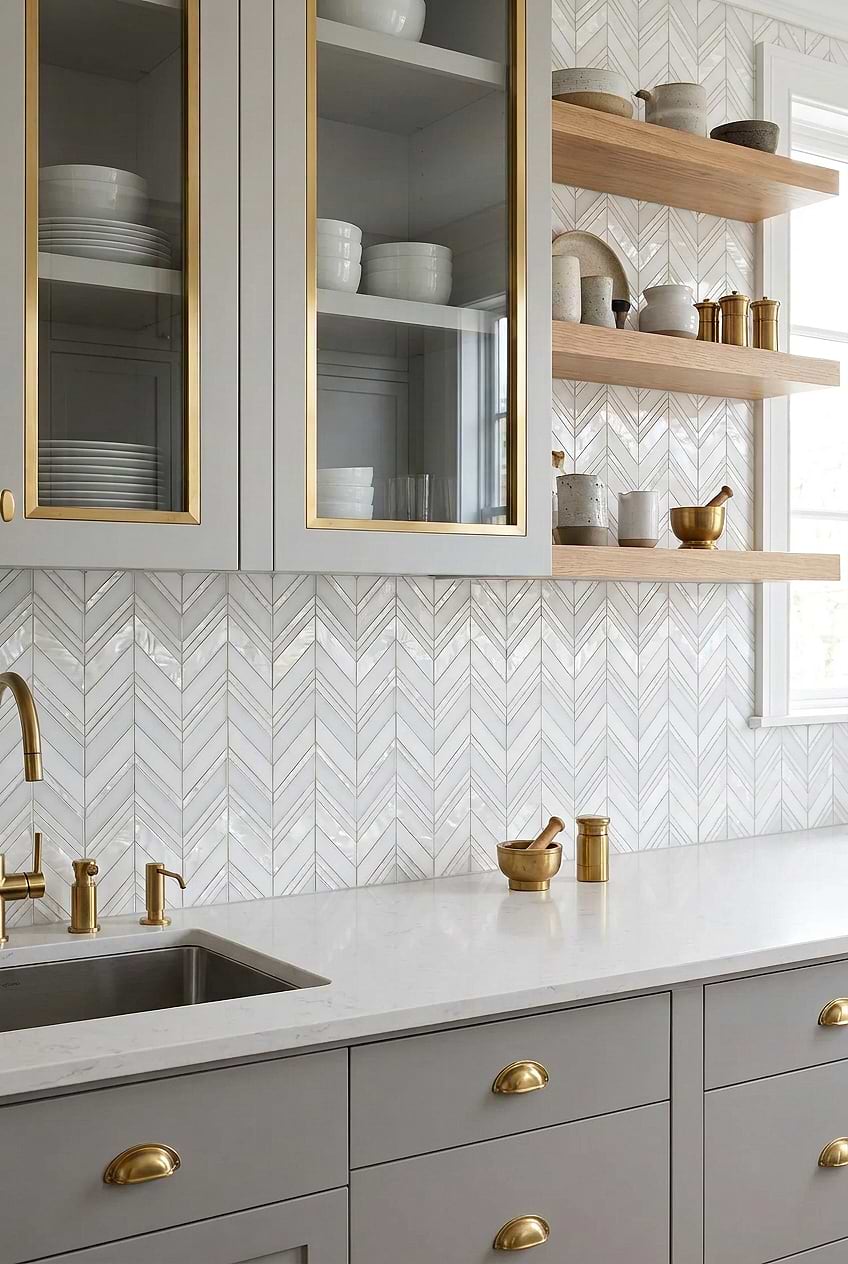 White Pearl Marble Chevron Kitchen Backsplash BA8030