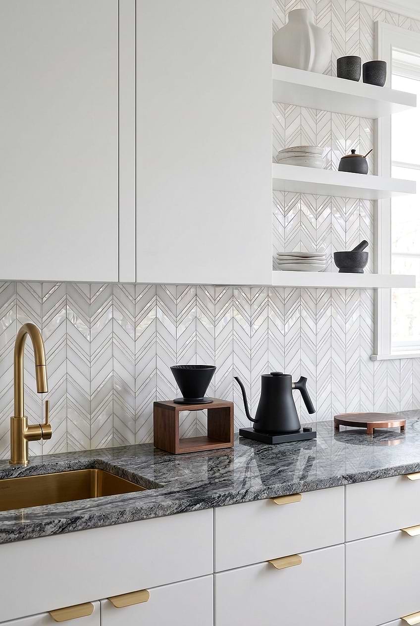 White Pearl Marble Chevron Kitchen Backsplash Tile BA8030
