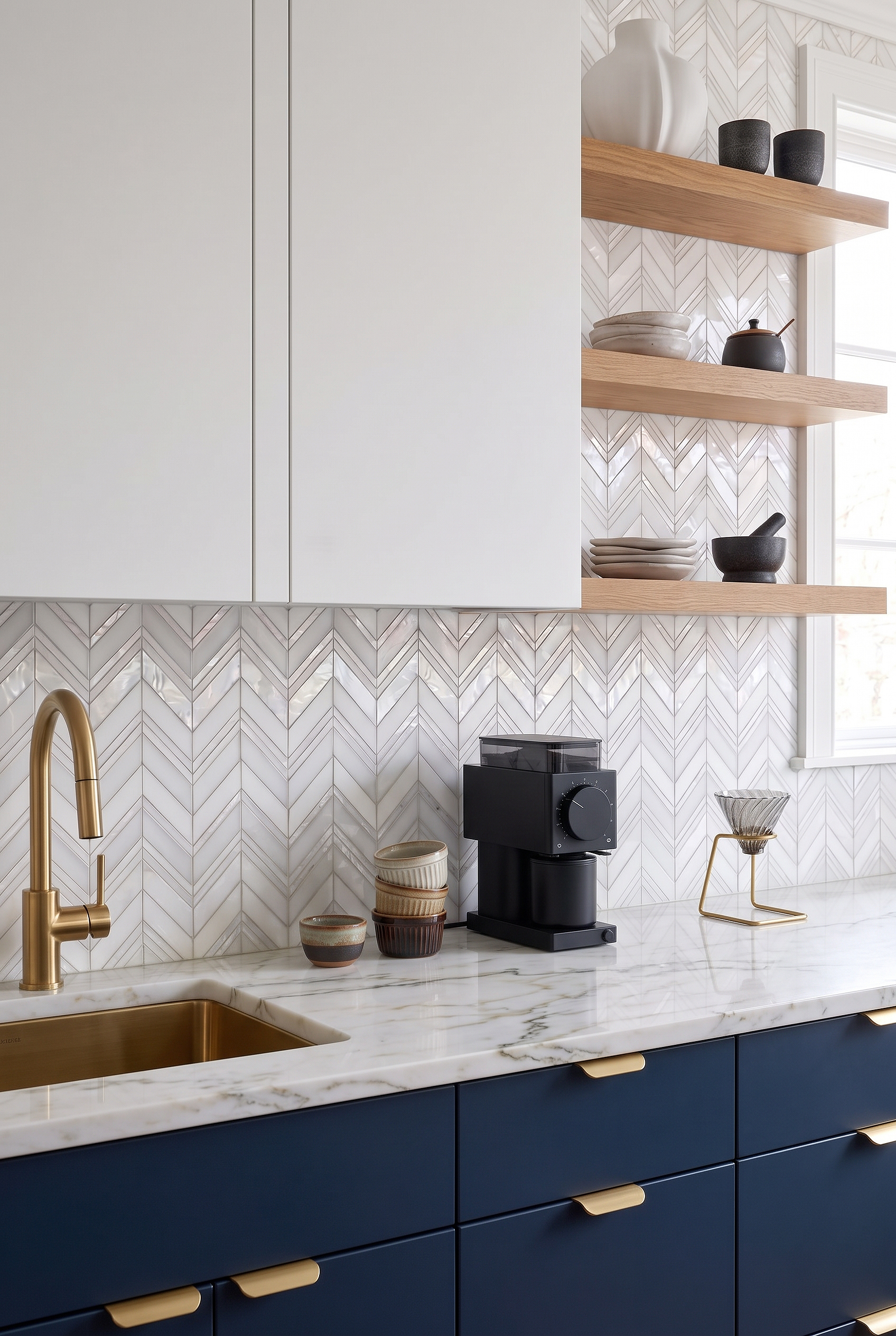 White Pearl Marble Chevron Mosaic Backsplash Tile BA8030