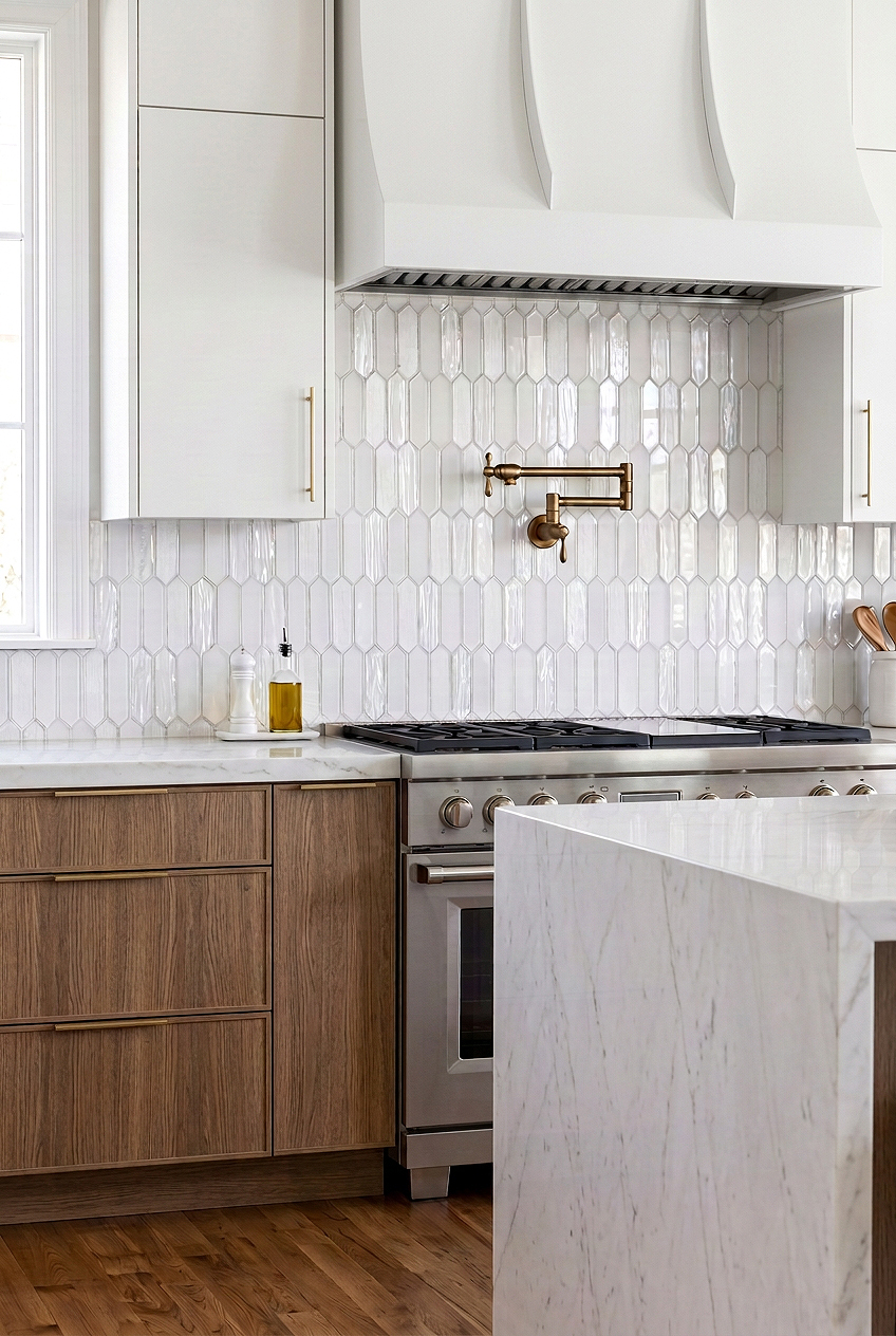 White Pearl Picket Glass Mosaic Kitchen Tile BA6701