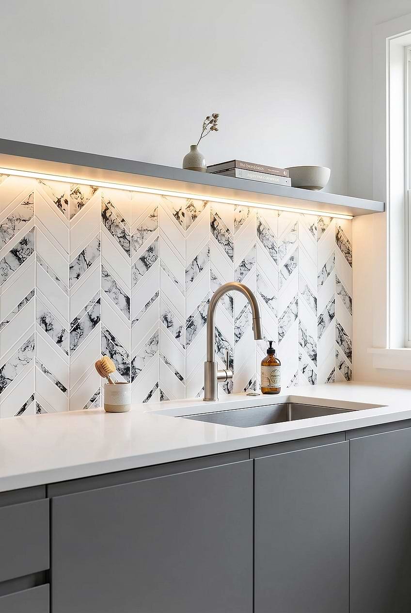 White Quartz Countertop with Chevron Marble Look Glass Mosaic Tile BA5506