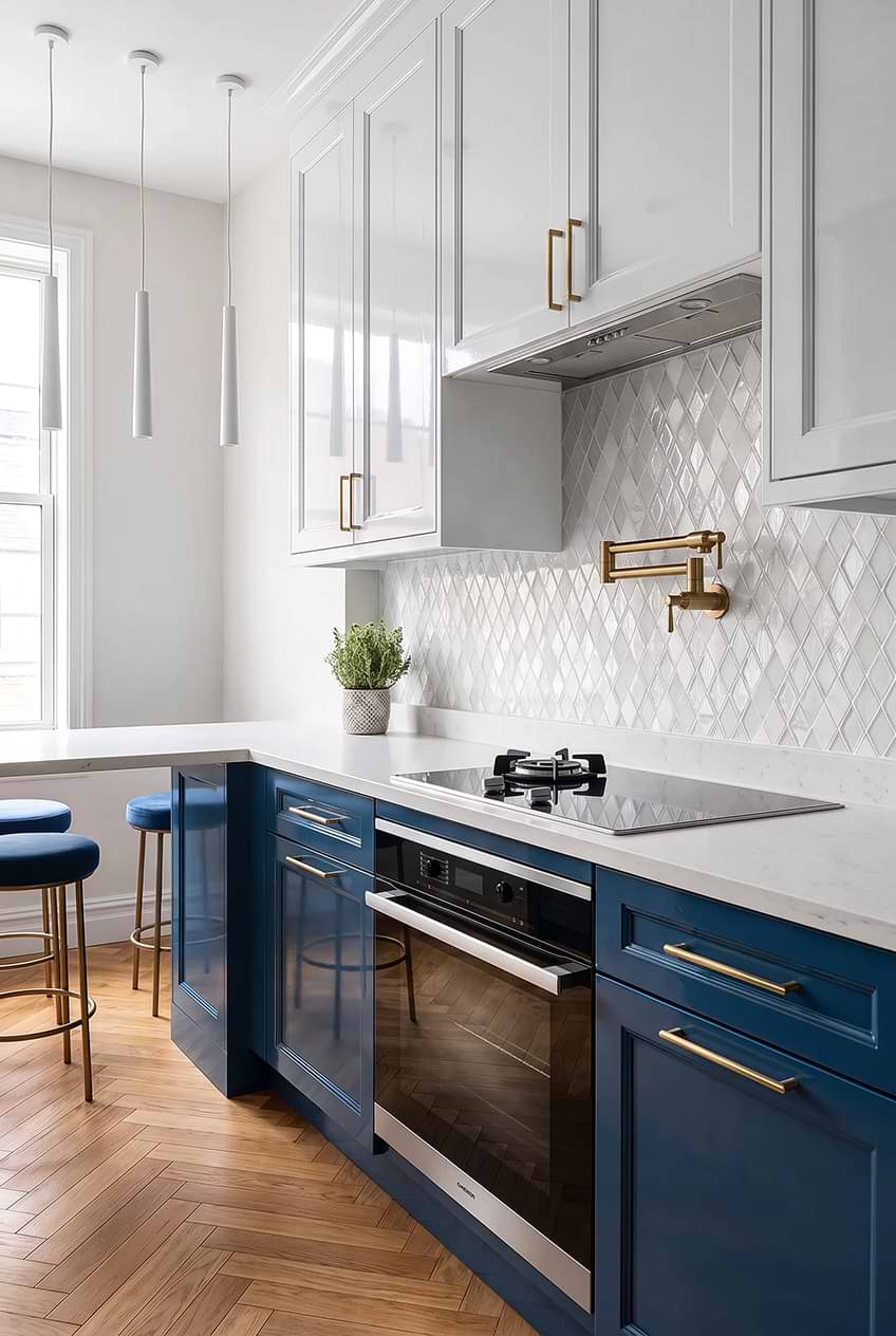 White Rhomboid Backsplash Blue Cabinets BA62046