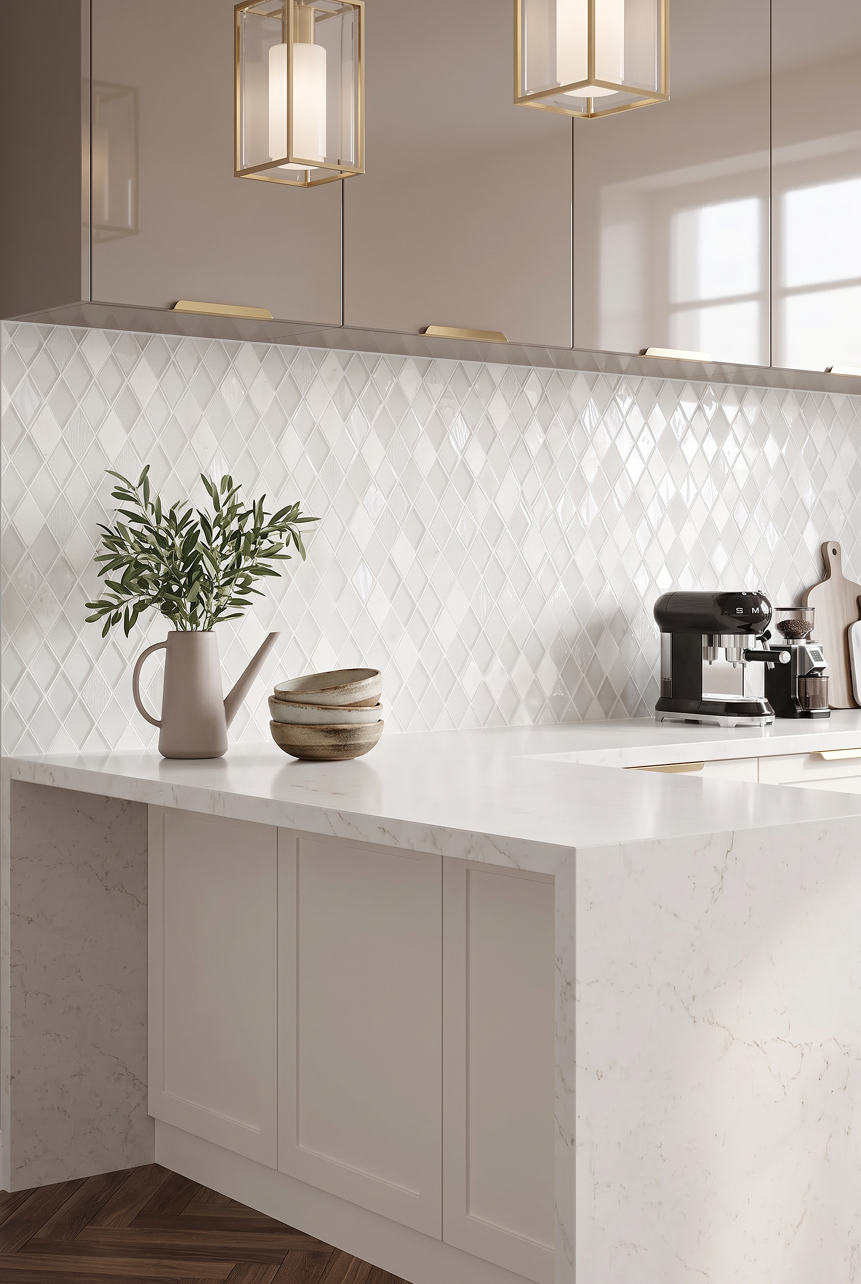 White Shell Glass Marble Rhomboid Backsplash Tile BA62046