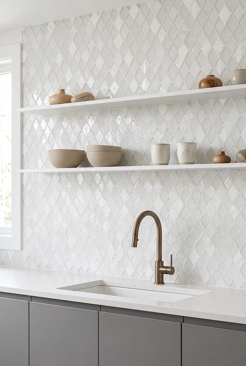 White Shell Glass Marble Rhomboid Backsplash Tile BA62046
