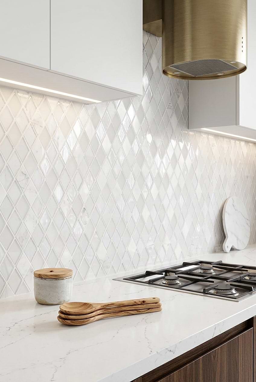 White Shell Glass Marble Rhomboid Mosaic Tile BA62046