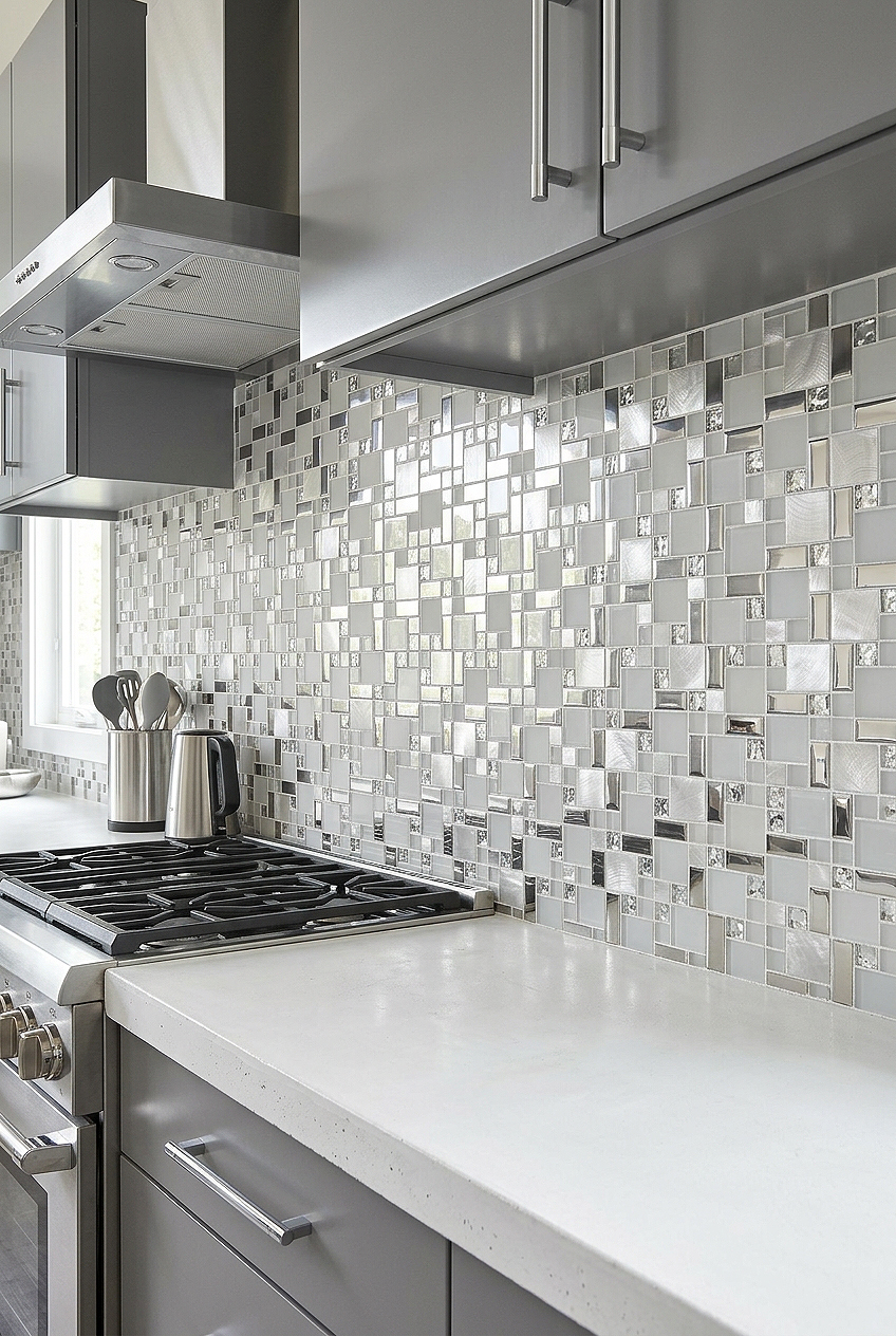 White Silver Glass Metal Geometric Mosaic Backsplash Tile BA1138