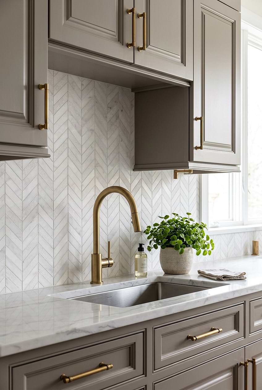 White Textured Marble Chevron Kitchen Backsplash BA631613
