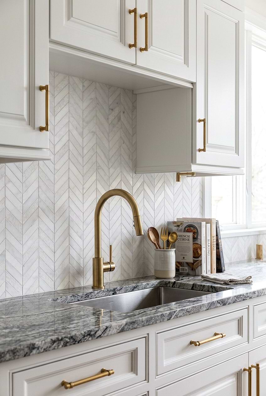 White Textured Marble Chevron Kitchen Backsplash BA631613