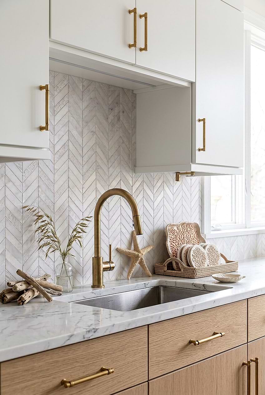 White Textured Marble Chevron Kitchen Backsplash BA631613