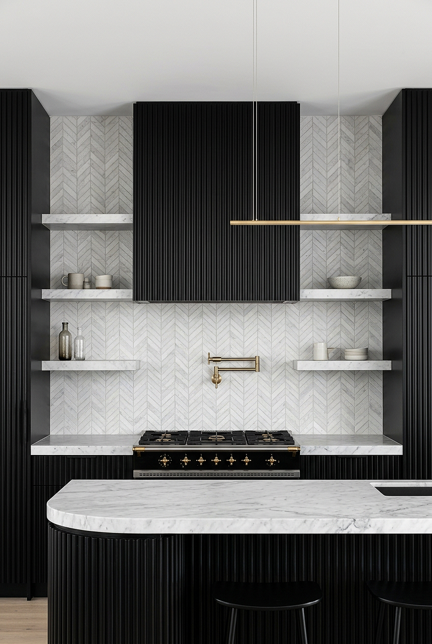 White Textured Marble Chevron Kitchen Backsplash BA631613