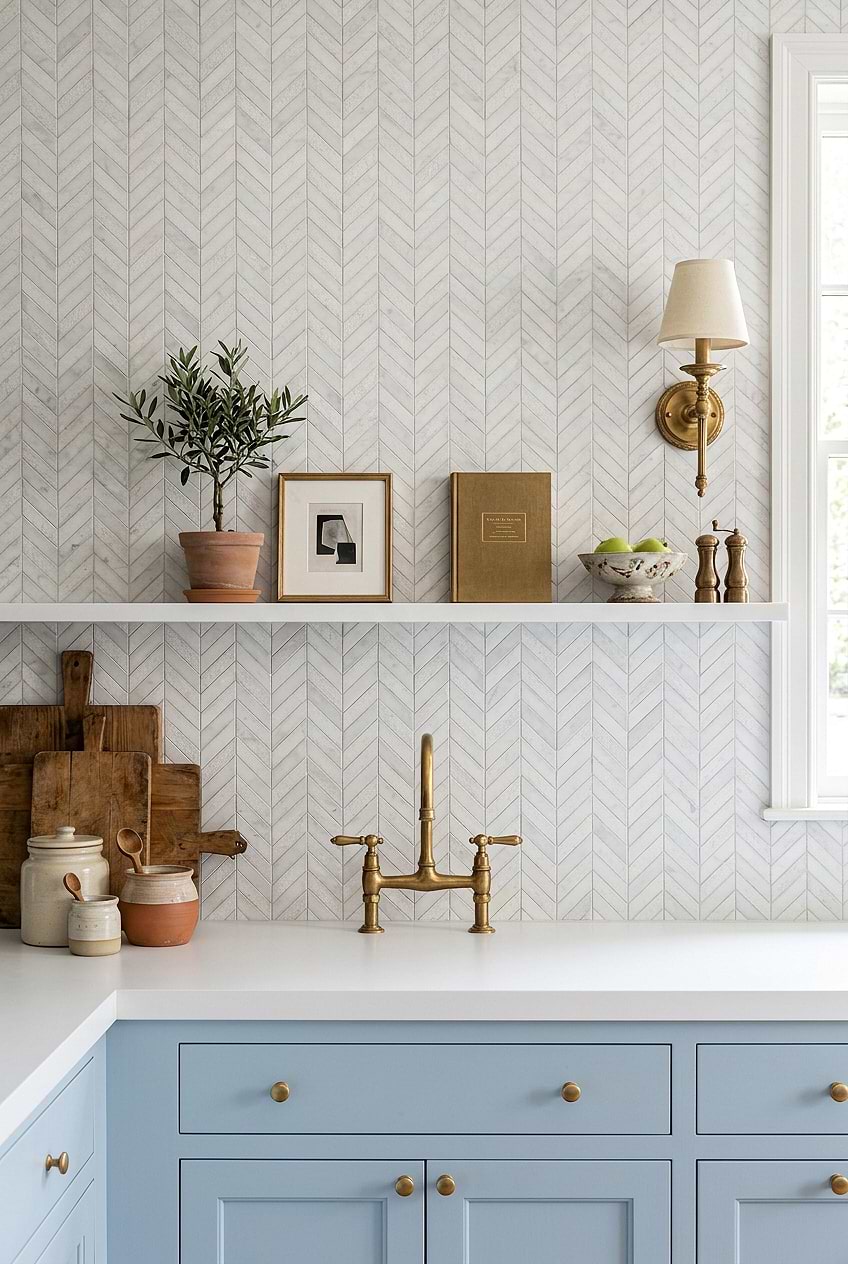 White Textured Marble Chevron Kitchen Backsplash Tile BA631613