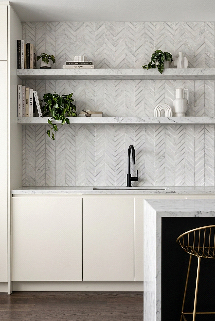 White Textured Marble Chevron Kitchen Backsplash Tile BA631613