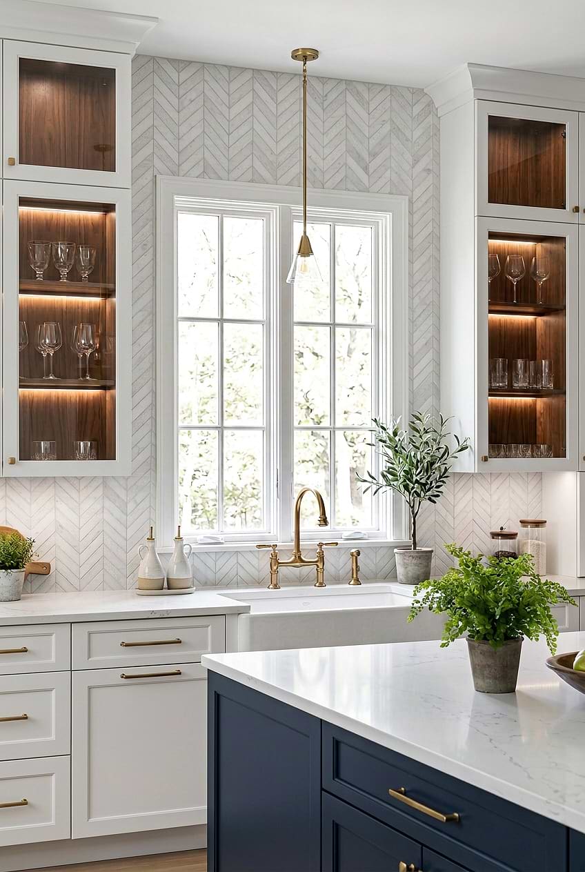 White Textured Marble Chevron Kitchen Backsplash Tile BA631613