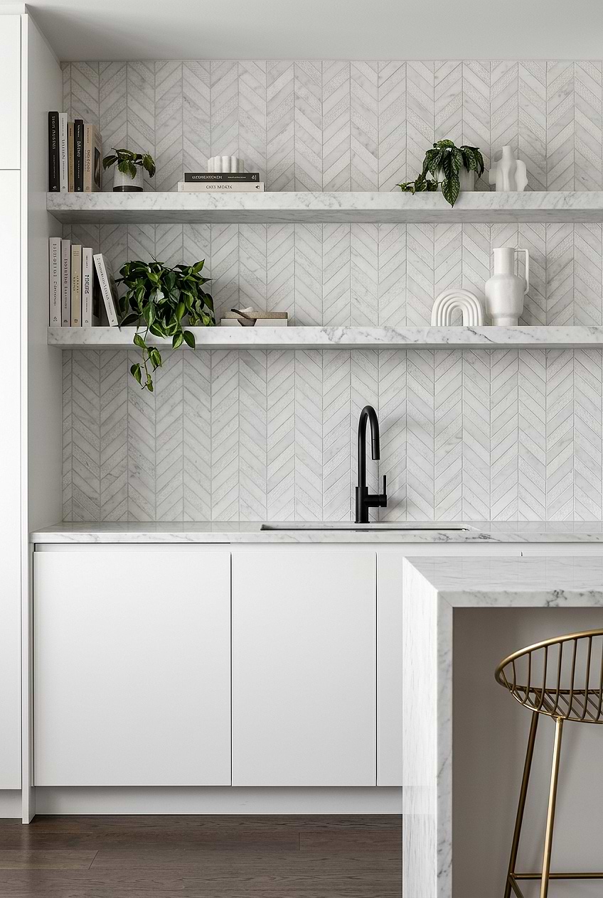 White Textured Marble Chevron Kitchen Backsplash Tile BA631613