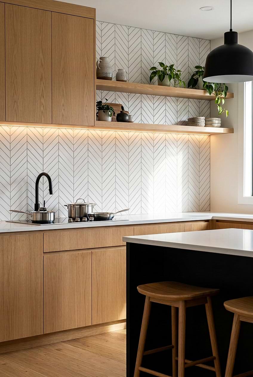 Wood Cabinets White Marble Chevron Backsplash Tile BA6322