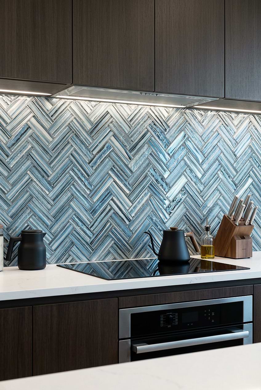 Wood Cabinets with Arctic Blue Glass Herringbone Mosaic Tile BA5525