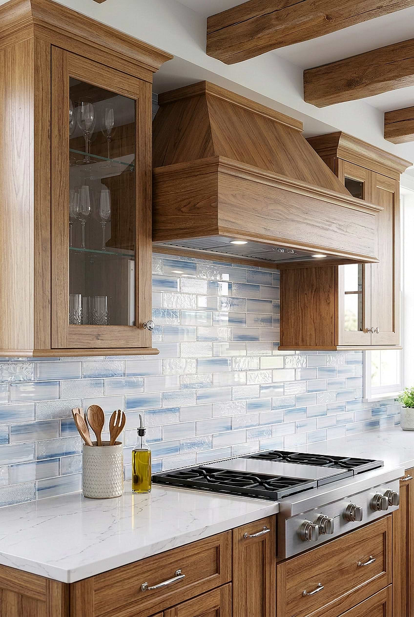 Wood Cabinets with Ocean Blue Subway Tile BA5507 LOT C